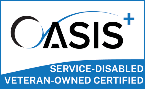OASIS+ logo for a service-disabled veteran-owned company with stylized letters on blue.