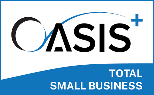OASIS+ Total Small Business logo with bold text and swoosh on a blue background.