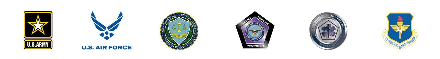 Logos of U.S. Army, Air Force, FTC, DoD, Defense Health, and Air Education Command.